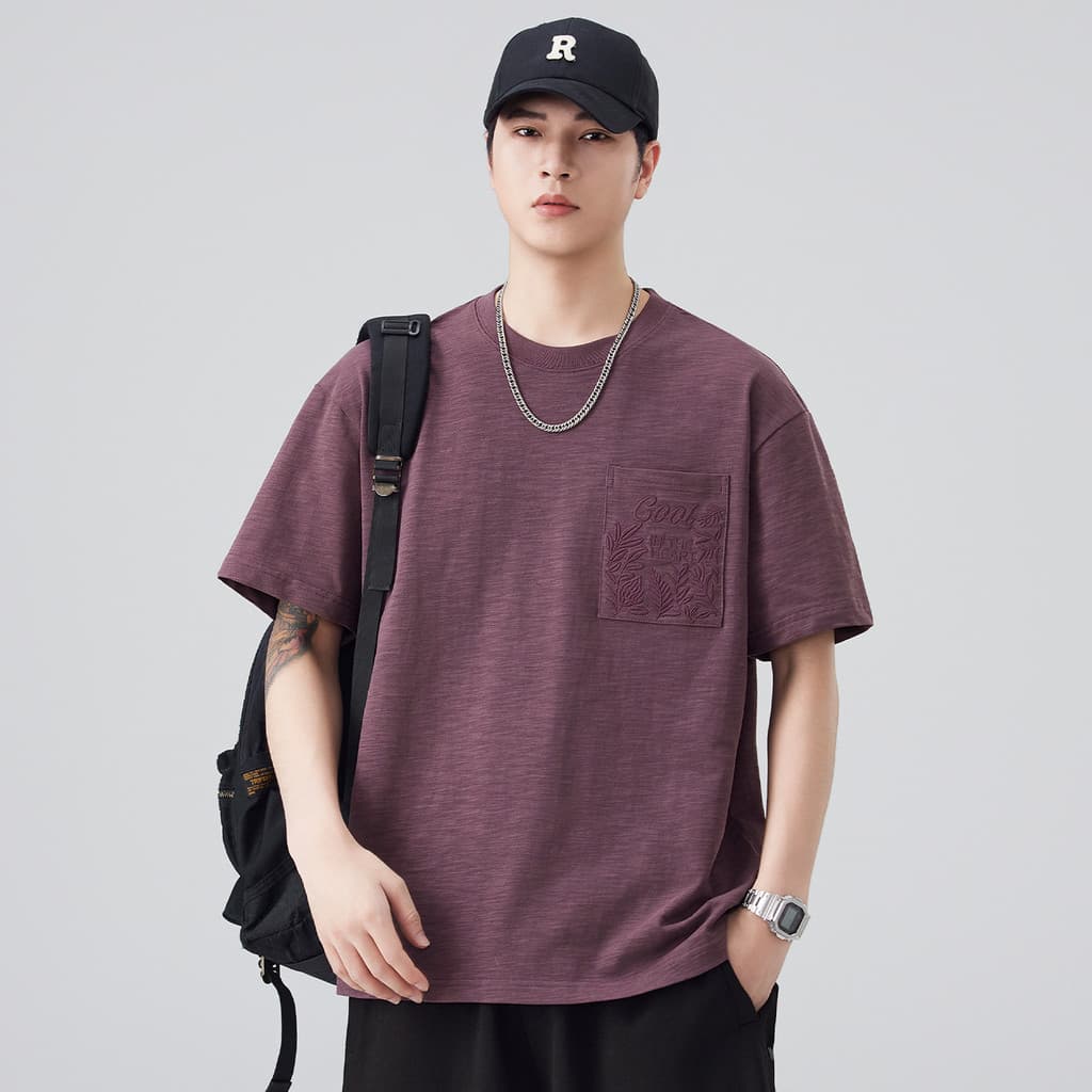 Camiseta de manga curta de algodão pesado verão novo estilo em torno do pescoço meia manga solta Casual All-Match cor só