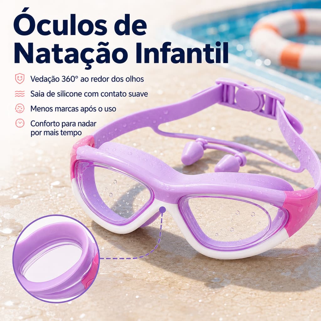 Óculos De Natação Infantis Durável Ajustável Antiembaçante e HD Com Protetor Auricular para Meninos e Meninas na Praia