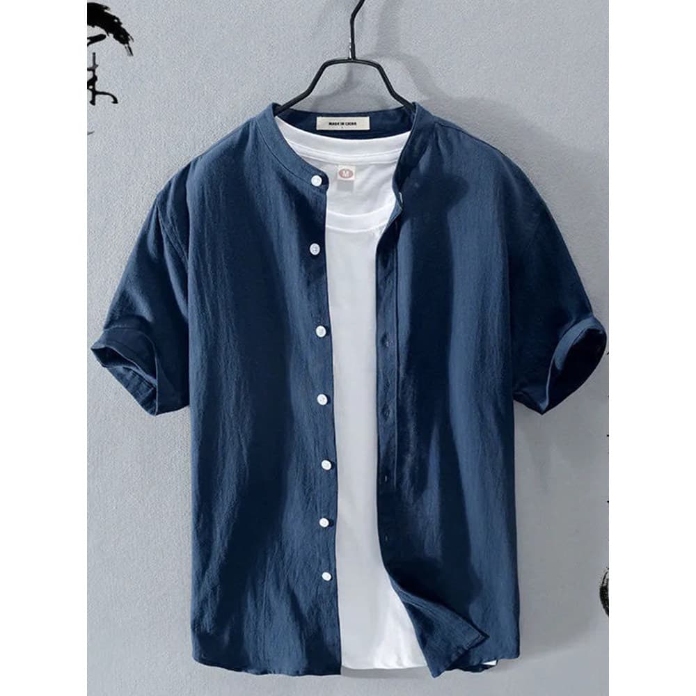 Verão estilo japonês gola alta estilo fino camisa de linho de seda gelo masculina de manga curta solta Casual camisa de