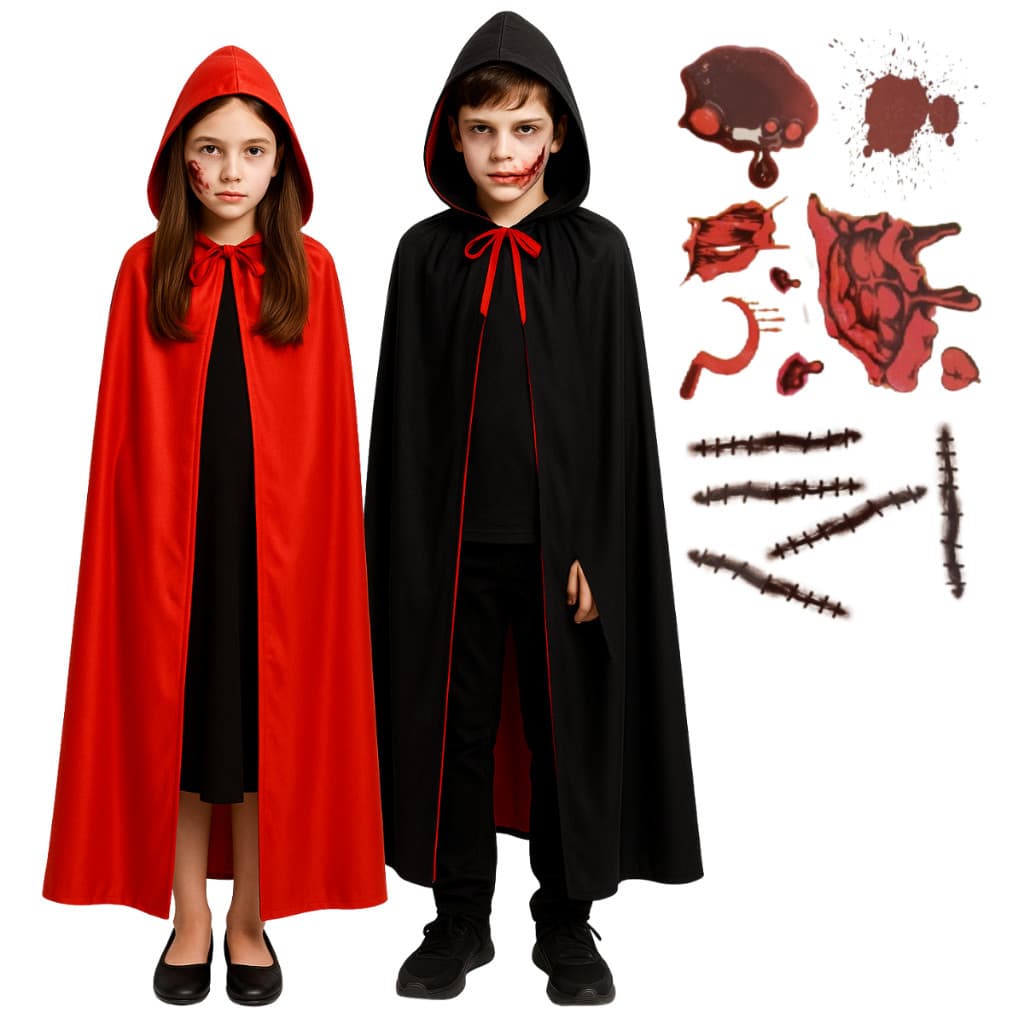 Kit Capa De Bruxo Fantasia Dupla Face Halloween +Ferimento Falso  Tatoo Fantasia Vampiro Drácula Fantasia Infantil