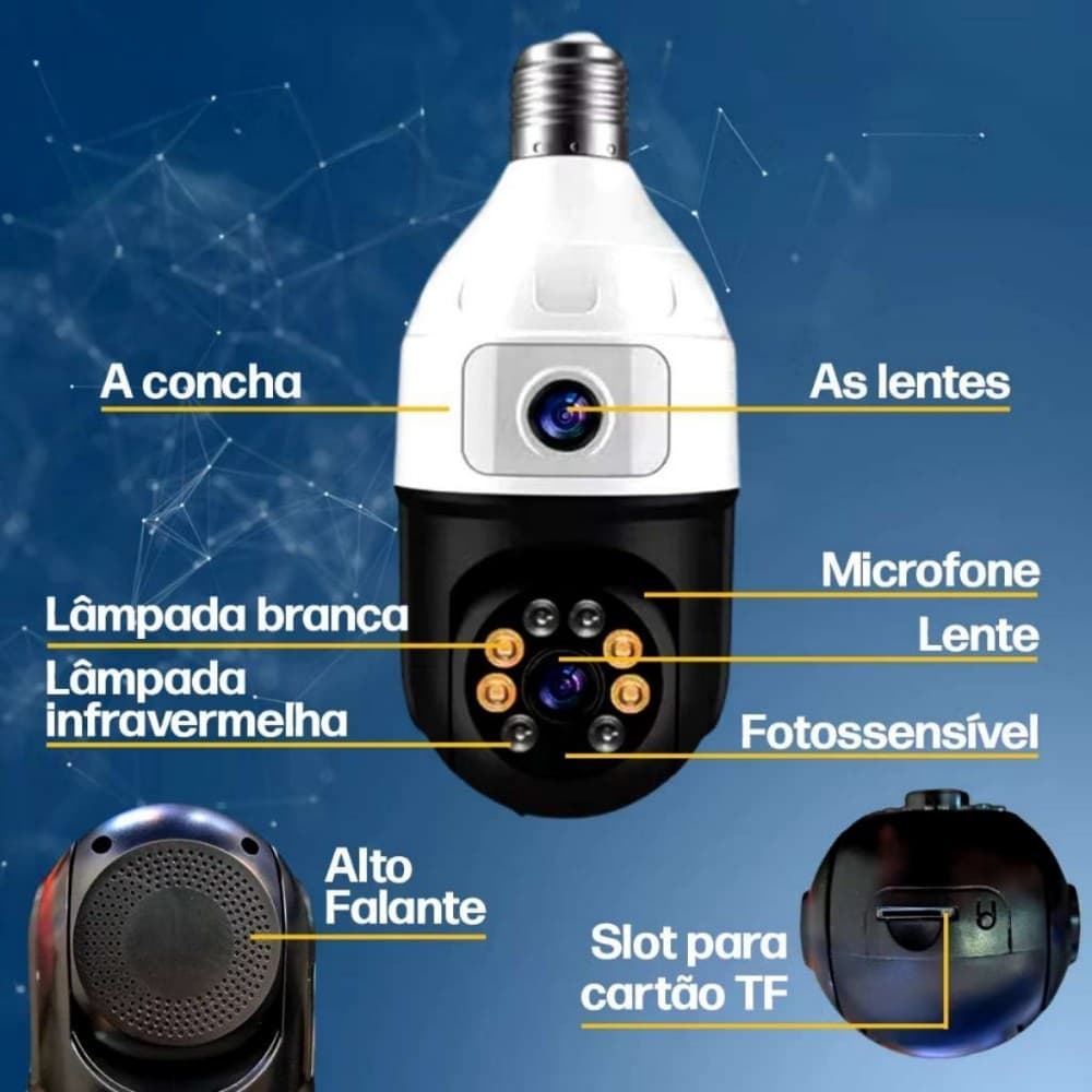 Câmera Lâmpada Lente Dupla APP IC Noturna HD Wifi Giratória câmera 360 grau wifi