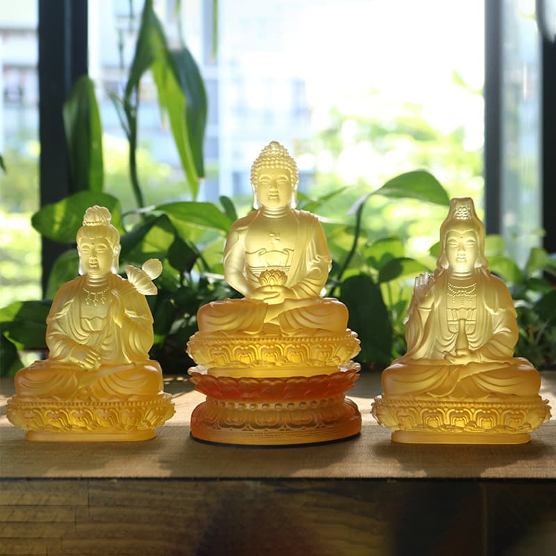 Ornamentos de vidro ocidentais de três santos, estátuas de buda Amitabha, estátuas de buda Guanyin, Da Shizhi, adoração