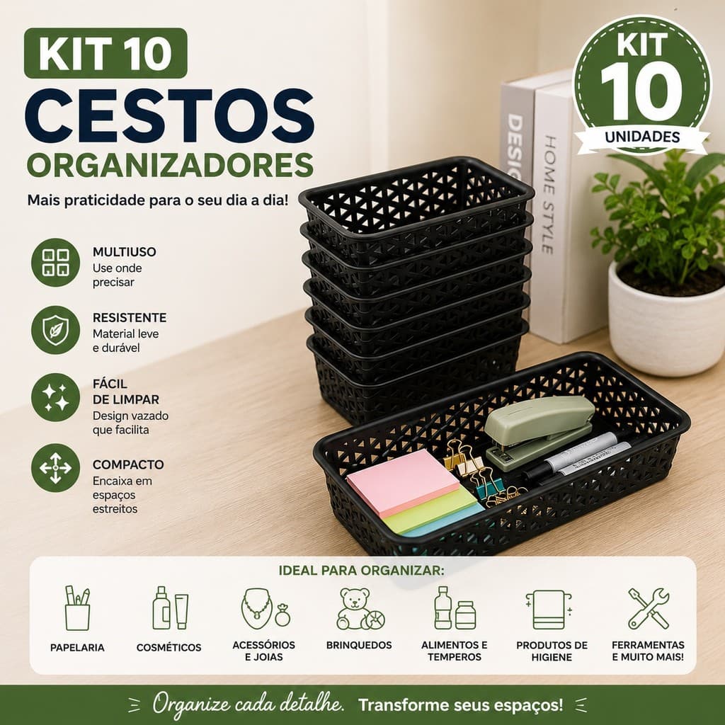 Kit 10 Cestos Organizadores Multiuso Plástico Branco Cinza Preto para Cozinha Banheiro Armário Gaveta