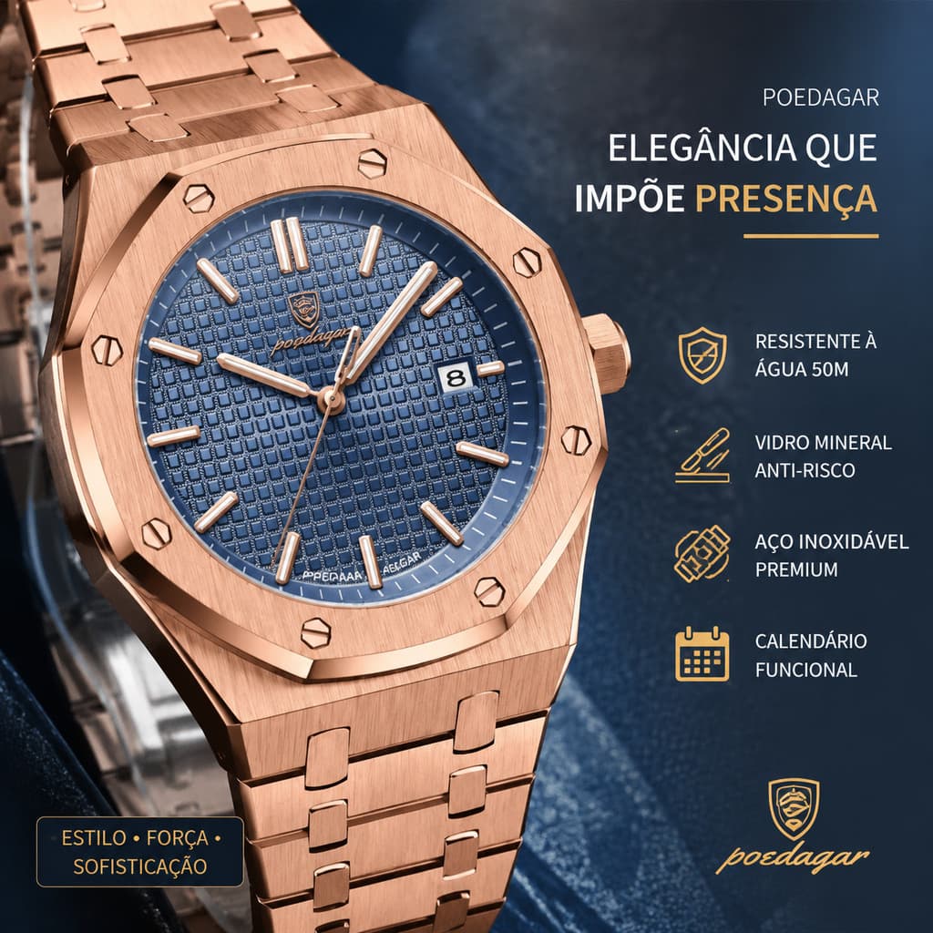 Relógio Masculino POEDAGAR 924 em Aço Inoxidável, Estilo Empresarial, Mostrador Preto, Calendário, Resistente à Água par