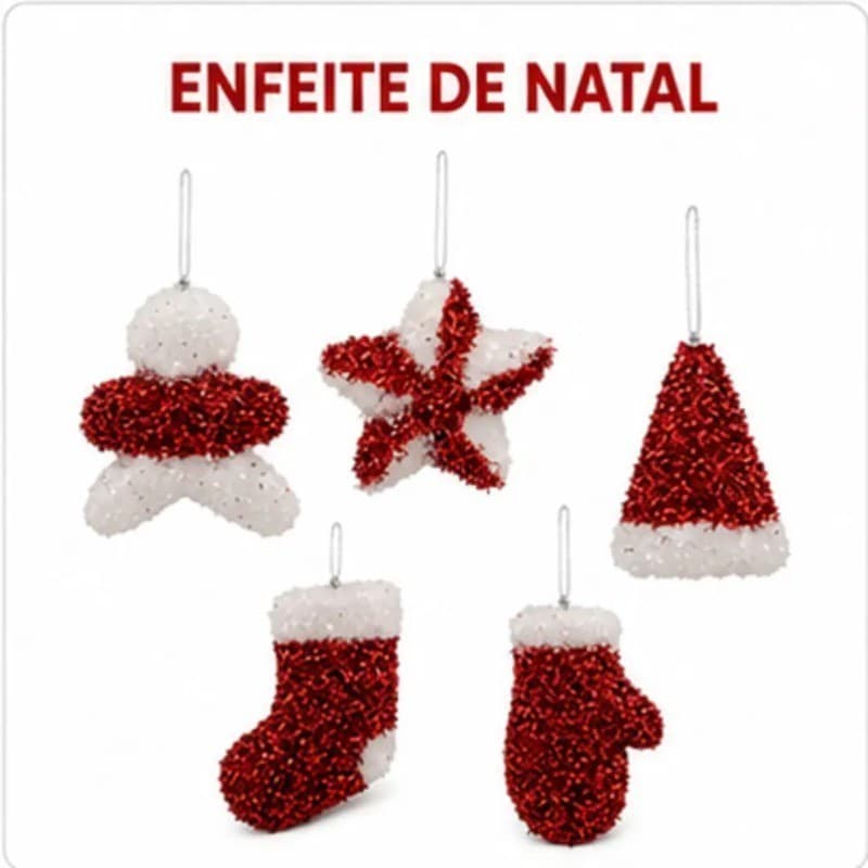 Kit com 5 Enfeites Natalinos Premium em Espuma Vermelho e Branco para Árvore de Natal, Decoração Festiva OIH-9223