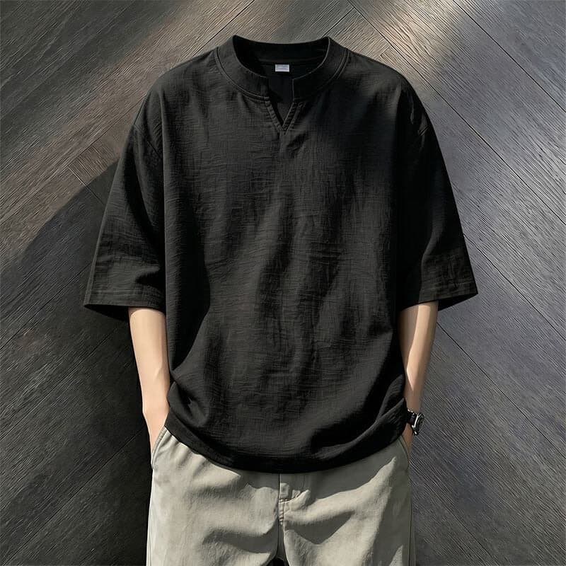 Street Wear estilo dinheiro antigo respirável com decote em V camiseta de manga curta masculina verão preto caído mangas