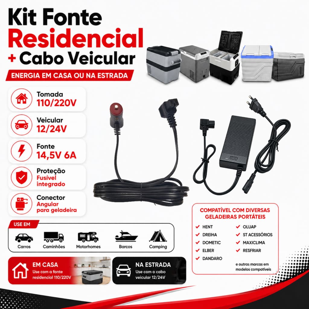 Kit Fonte E Cabo Para Geladeira Portátil Quadrivolt Fonte 110/220V Cabo 12/24V