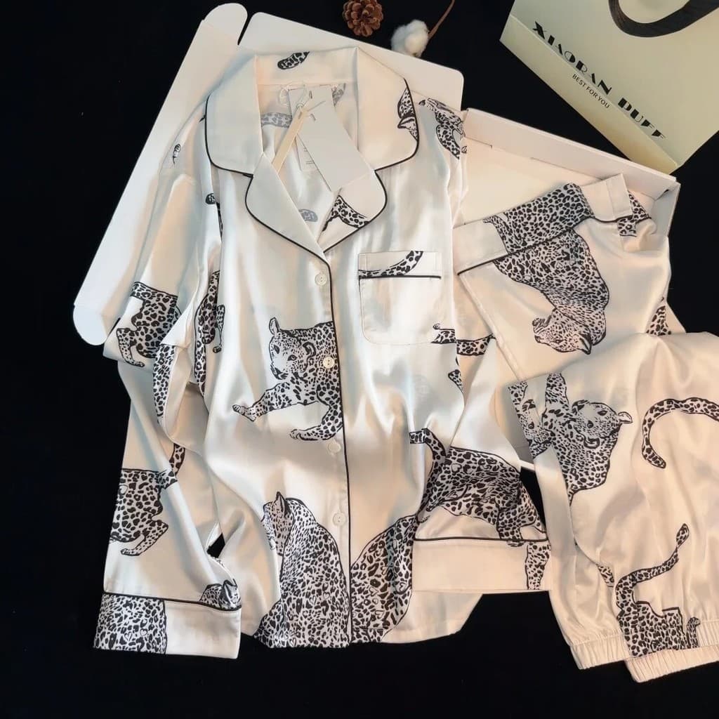 Pijama feminino com estampa de leopardo, seda gelada, primavera, outono, sensação fresca, roupa externa, luxo, manga com