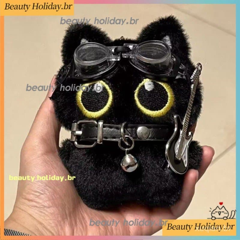 Chaveiro de Gato Preto Punk Kawaii, Colar de Rock, Pingente de Guitarra, Brinquedo de Pelúcia, Decoração de Mochila para