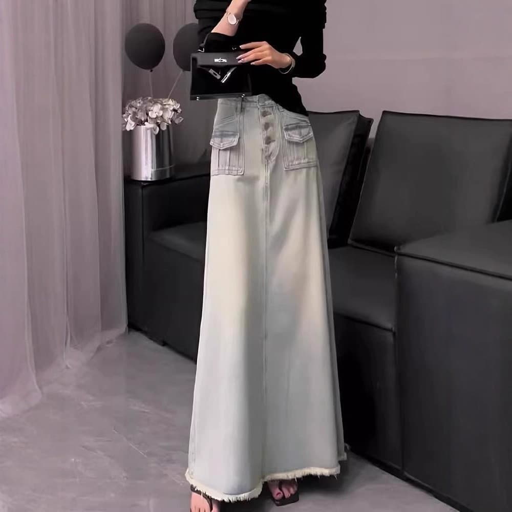 Outono luz roupas femininas de luxo luz azul Denim saia Design europeu High-End na moda longo a linha saia