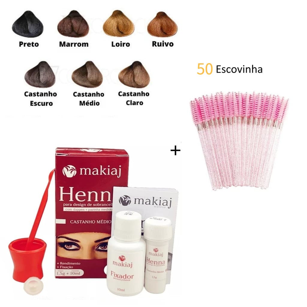 Kit Sobrancelha Henna Makiaj Completo Gel Fixador 7 Cores 1 Henna+50 Escovinha