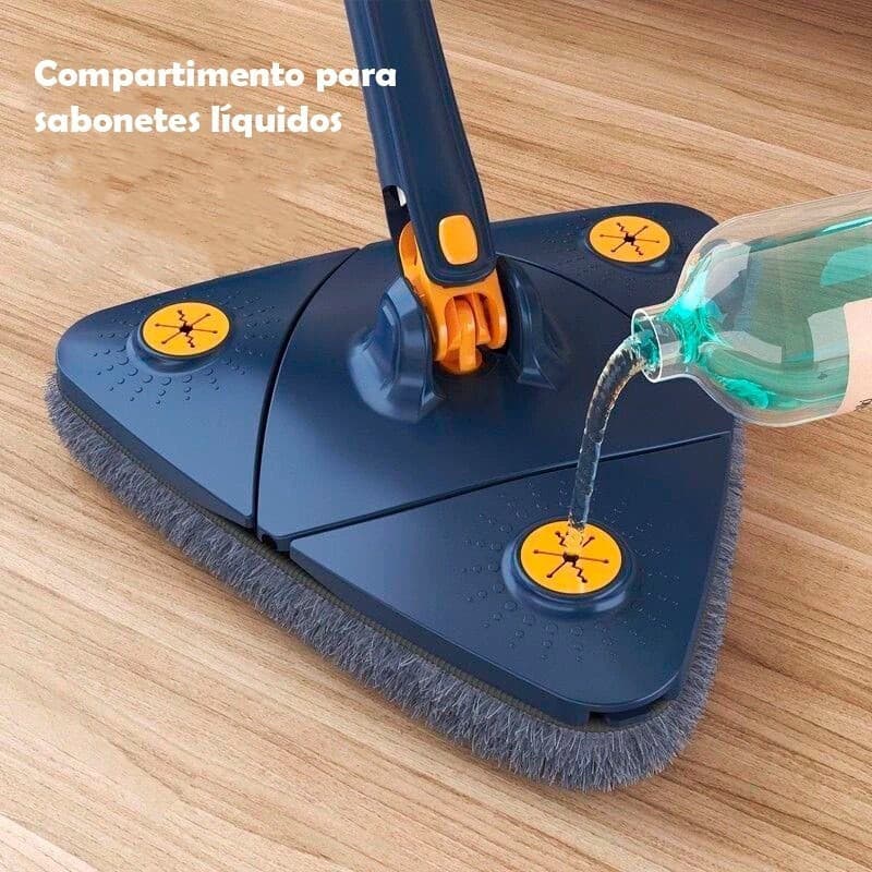 Esfregão Triangular Giratório 360° Com Haste Ajustável 130cm + 2 Refis Limpeza Chão e Banheiro
