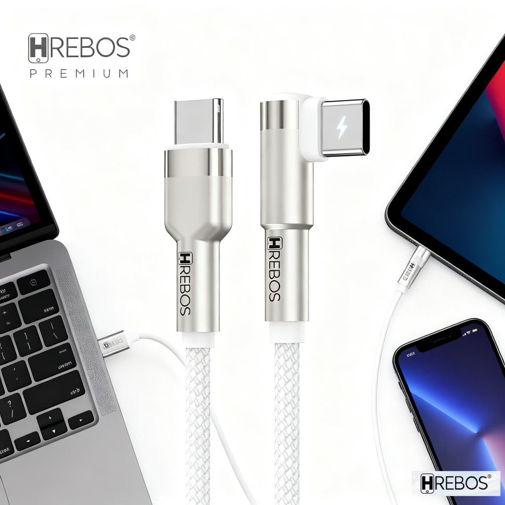 HREBOS 100W Potência Cabo De Carregador 1/2 Metro Preto/Branco Type C x Type-C 90 graus CB-378C