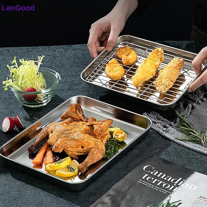 LanGood Bandeja De Cozimento De Aço Inoxidável Com Rack De Arame Bolo Assadeira Churrasco Removível Resfriamento Forno C