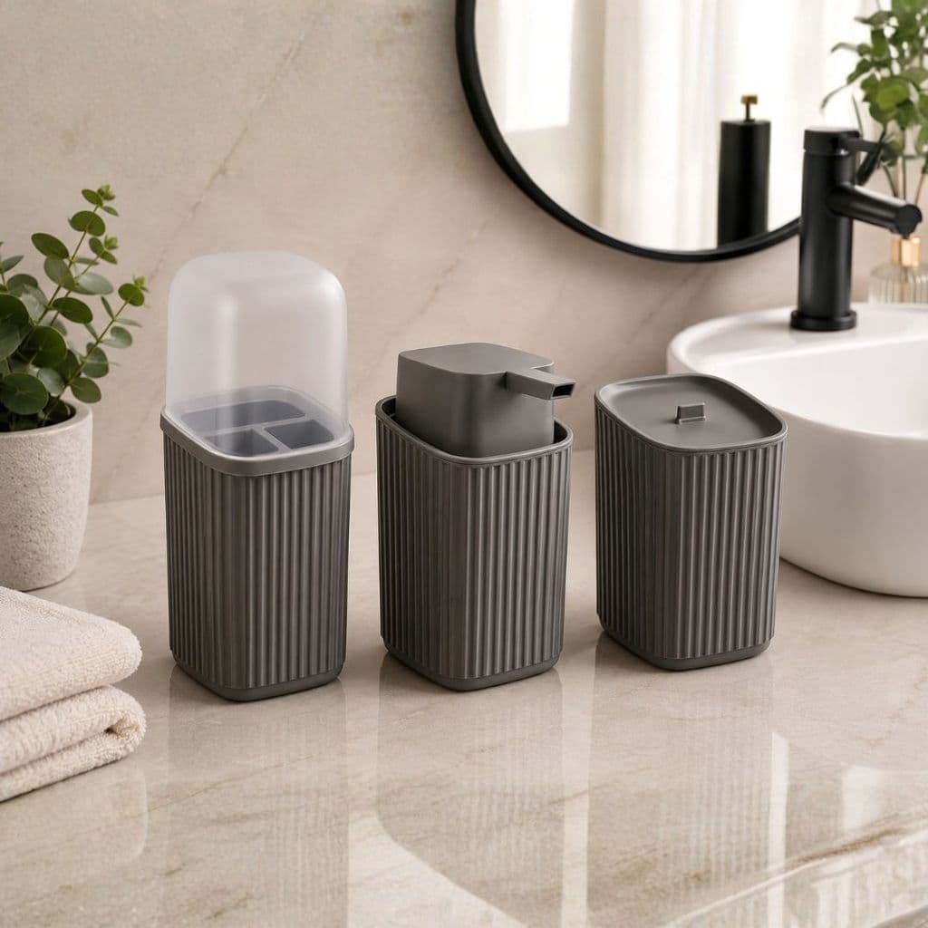 Conjunto para Lavabo Pia Banheiro Cinza Canelado Premium Porta Sabonete, Porta Escovas e Porta Algodão