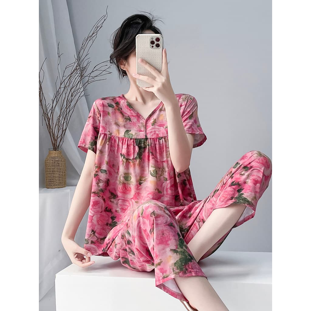 Pijamas de seda de algodão feminino verão manga curta tornozelo comprimento calças terno pode usar fora Loungewear 2026