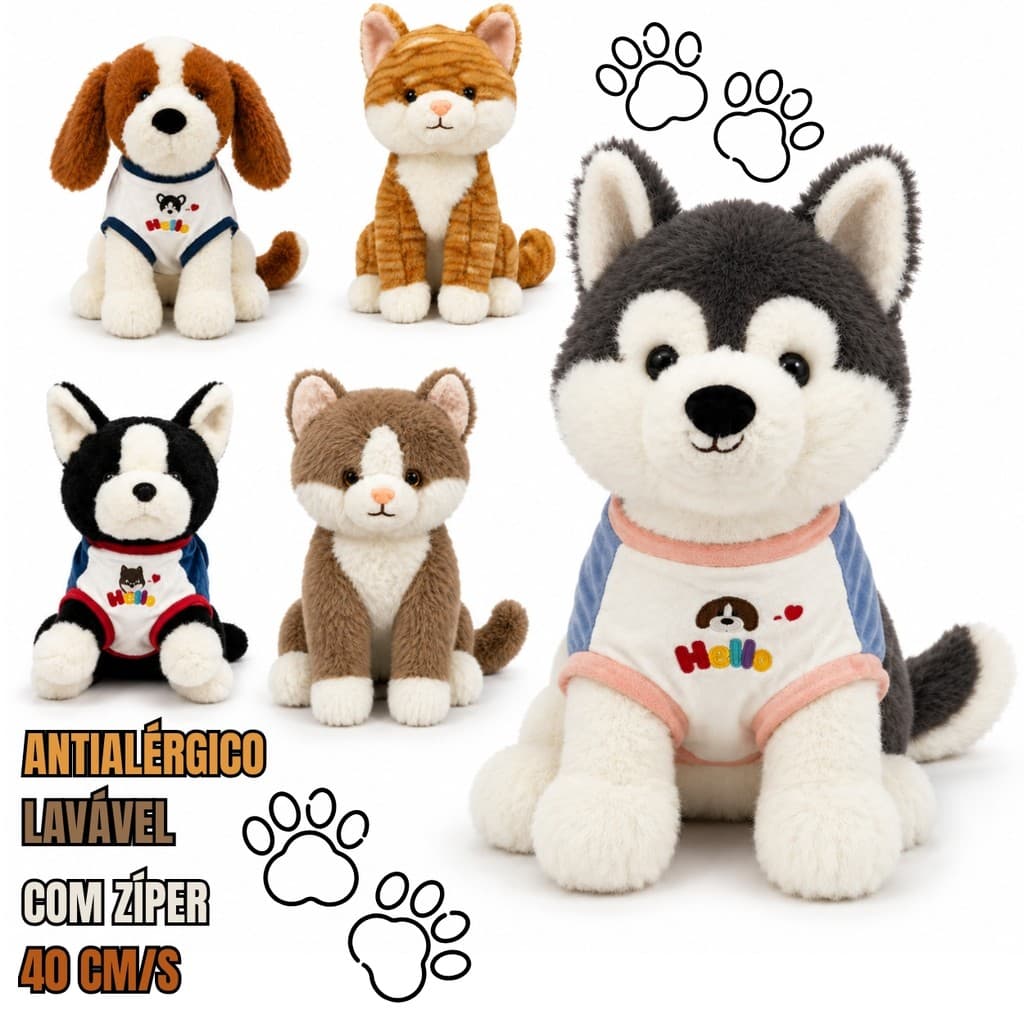 Pelúcia 40cm Cachorro Gato Macia Antialérgica com Zíper