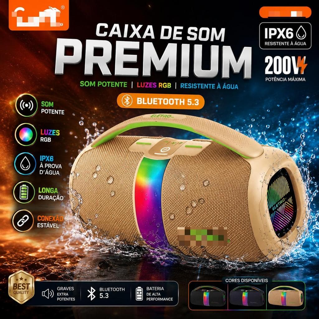 Caixa de Som Bluetooth Portátil EL-1167 200W RGB IPX6 Resistente à Água TWS USB TF FM Bateria Longa Duração