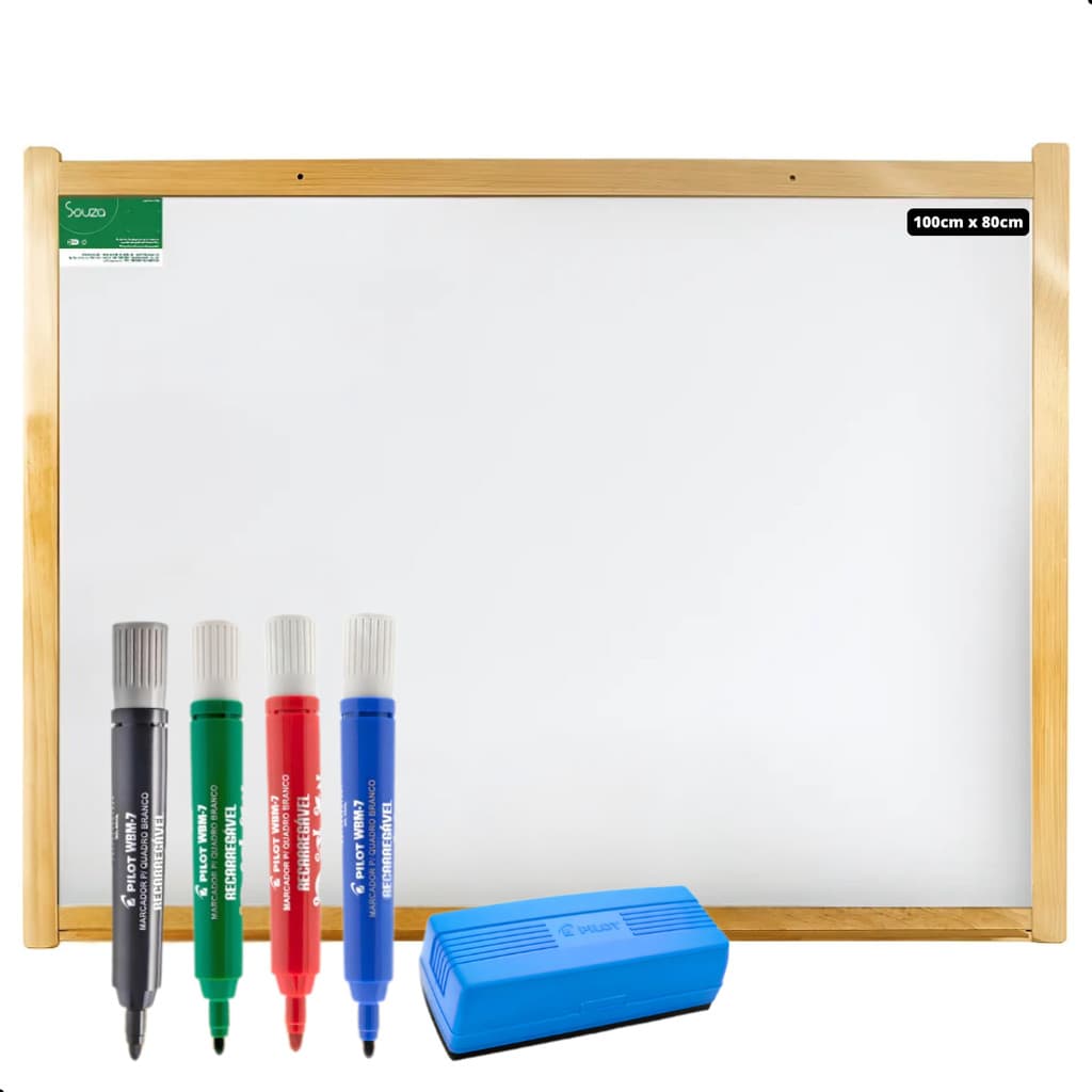 Lousa Quadro Branco Moldura Madeira 100cm x 80cm + Apagador Premium Flip Top + 4 Marcadores Pilot