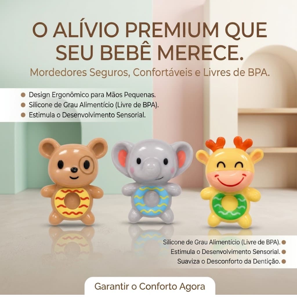 Mordedor Massageador para Bebê Macio Gengiva Alívio Dentição +2 Meses Lavável Bichinhos