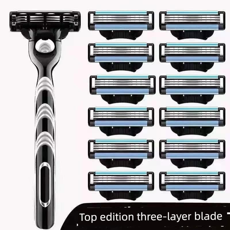 Navalha Manual de três camadas Universal, lâmina de barbear antiquada, suporte de barbear masculino, espuma de barba