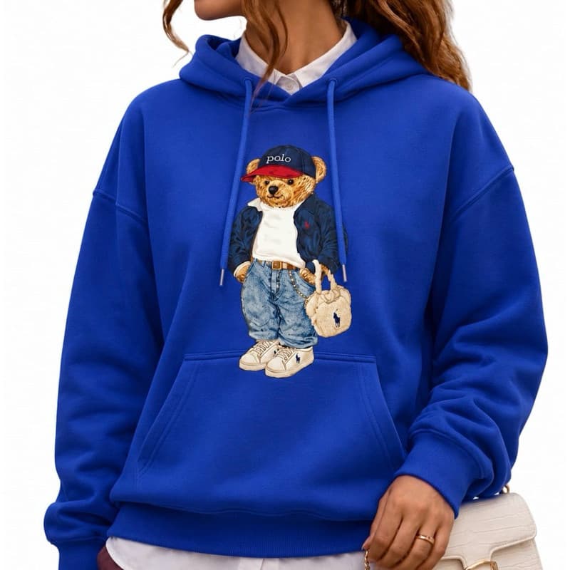 Blusa Moletom  Feminino Polo Azul Estampa Urso Moda Influencer