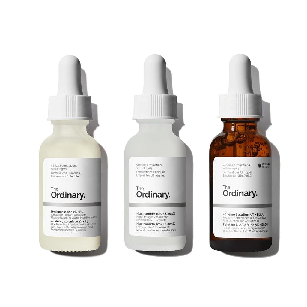 Conjunto de Séruns Favoritos The Ordinary – Ácido Hialurônico 2% + B5, Niacinamida 10% + Zinco 1%, Solução de Cafeína 5%