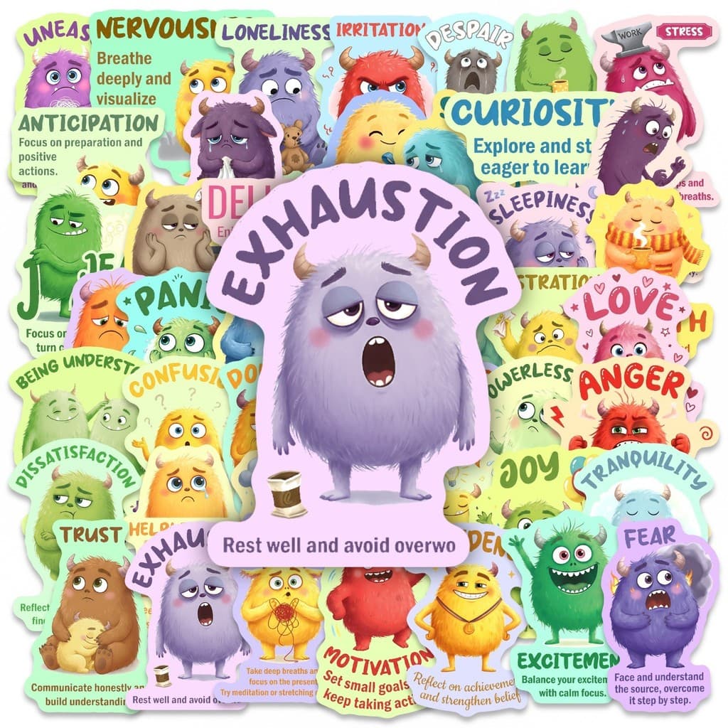 50 Folhas De Adesivos De Monstro De Cognição Emocional , Texto De Educação Saudável , Manual , Material DIY À Prova D'ág