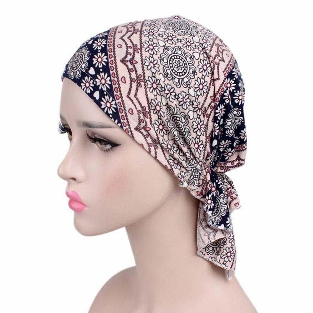 Turbante de algodão com capuz, turbante casual com estampa floral primaveril, touca de quimioterapia estilo boêmio.