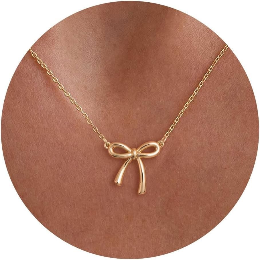 Colar de Ouro para Mulheres - Colar com Laço Banhado a Ouro 14K, Colar Delicado com Zircônia Cúbica, com Laço Pequ