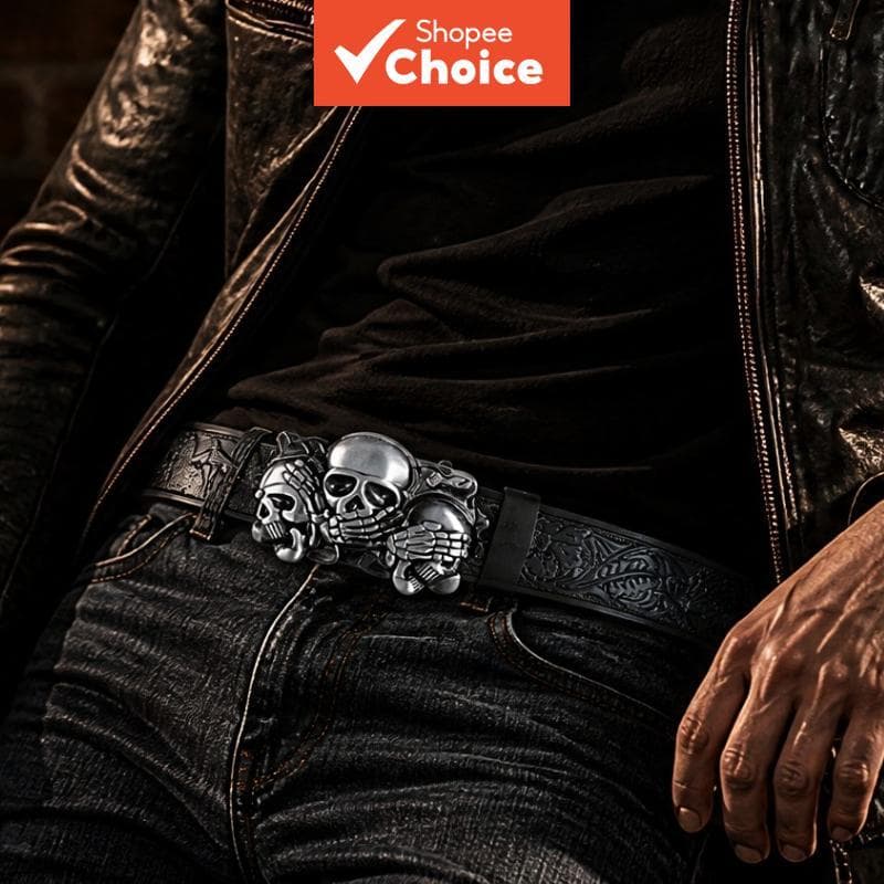 Cinto de Caveira Masculino Tendência - Acessório de Moda Punk Hip Hop Estilo Escuro para Streetwear | Cinto Juvenil