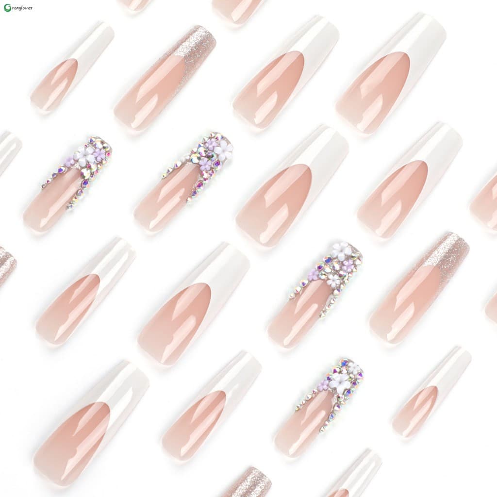24pcs Unhas Postiças De Ponta Branca Francesa Com Design De Strass Floral Para Festa De Casamento