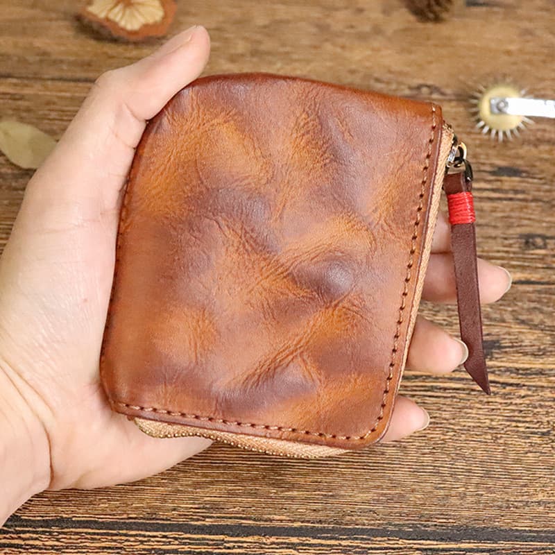 2022 novo estilo Retro vegetal curtido carteira de couro feminino angustiado pequena bolsa de moedas couro genuíno zíper