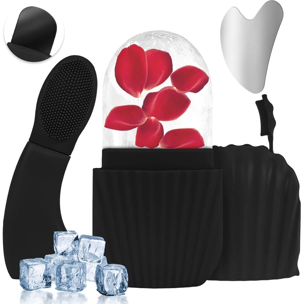 Rolo de Gelo para Rosto e Olhos, Conjunto 3 em 1: Rolo de Gelo, Escova de Limpeza Facial de Silicone e Gua Sha, Ferramen