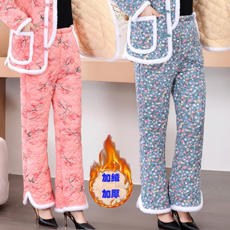 Inverno quente à prova de frio calças mãe estilo étnico calças femininas calças elásticas nordeste grande flor calças de