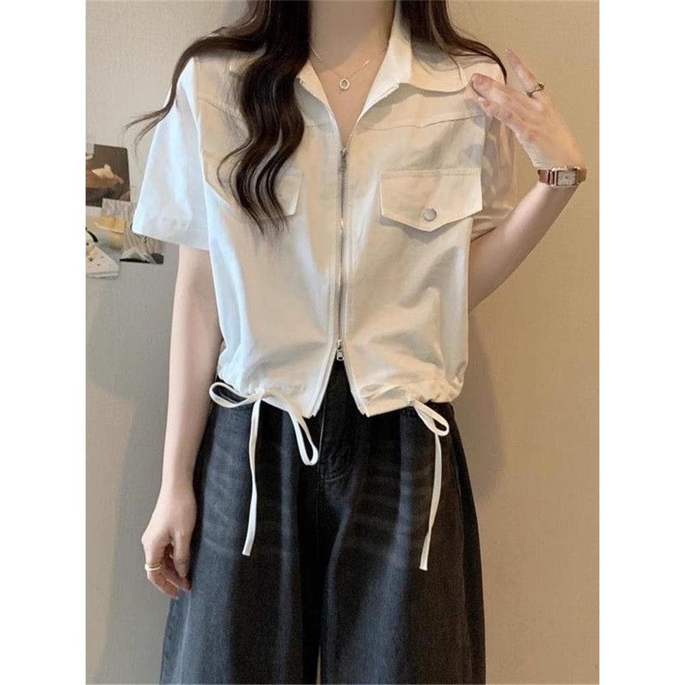 Verão feminino novo estilo macacão curto camisa Design feminino nicho duplo zíper camisa de manga curta jaqueta feminina