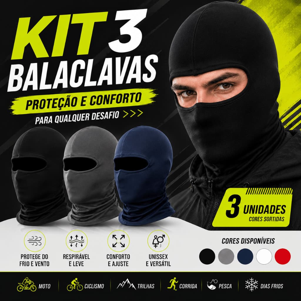Kit com 3 Touca Ninja Balaclava Toca UV+50 Proteção Solar Térmica Motoqueiro Motoboy touca preta, kit  inverno