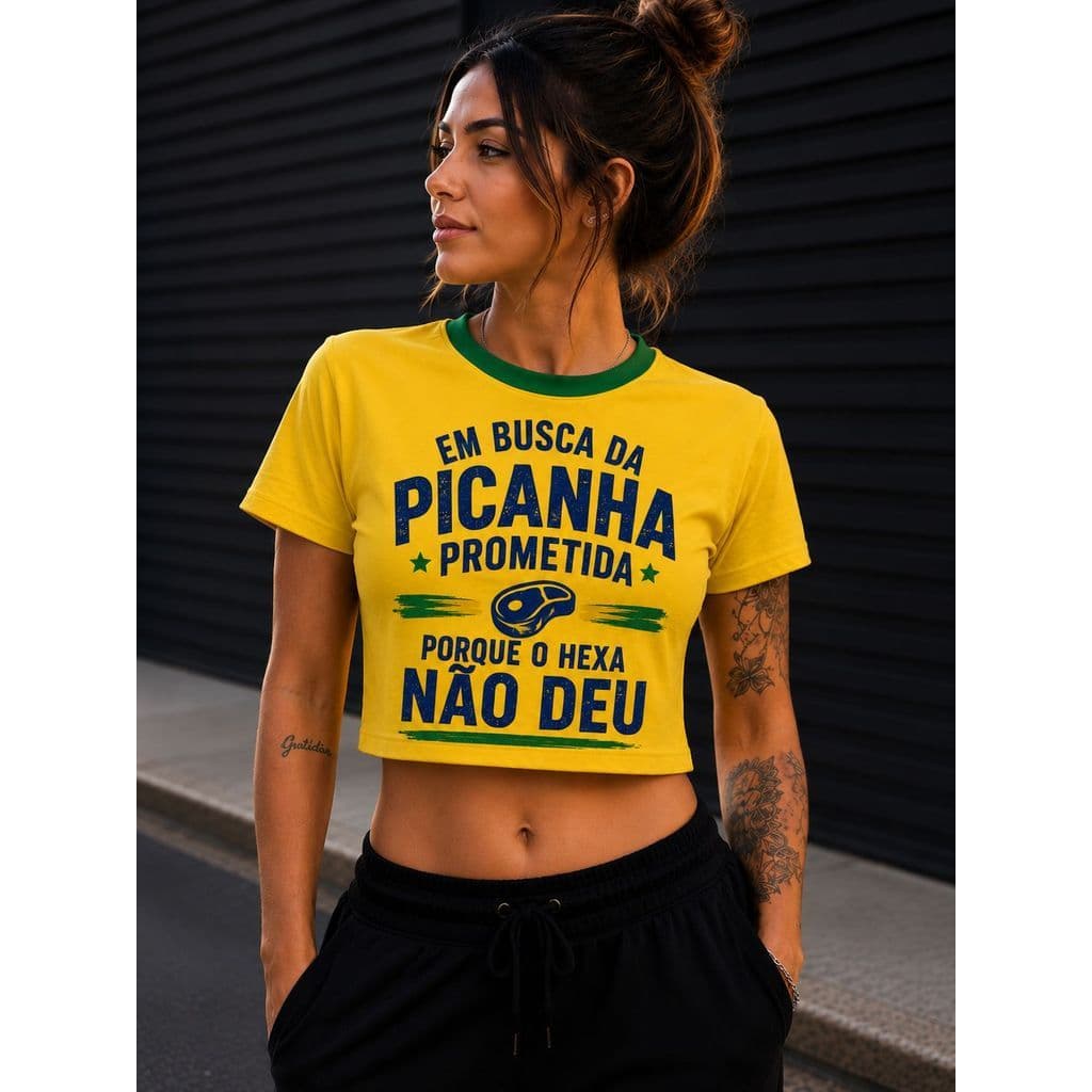Cropped Camiseta Feminino Em Busca da Picanha Algodão 30.1 Estampado