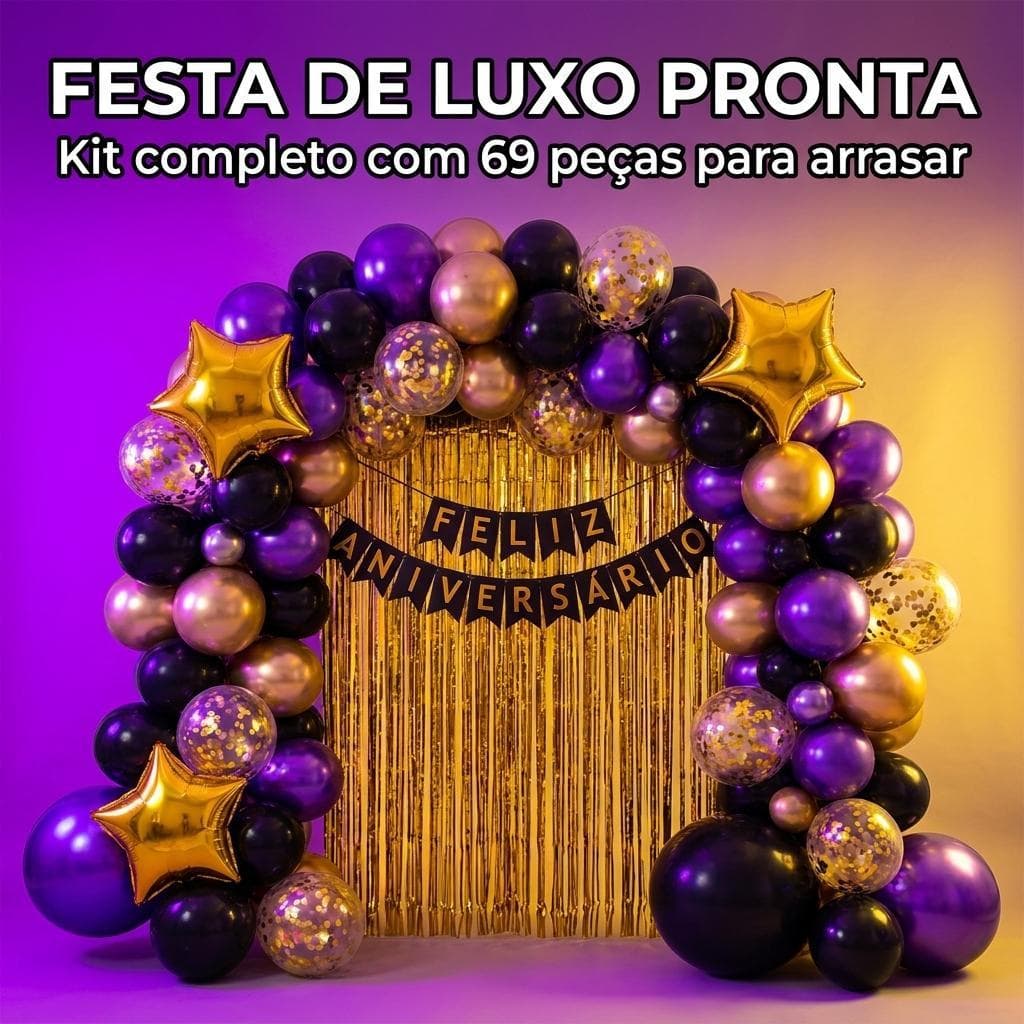 Kit Festa Luxo Roxo e Preto 69 Peças - Arco de Balões, Estrelas Douradas e Faixa “Feliz Aniversário”