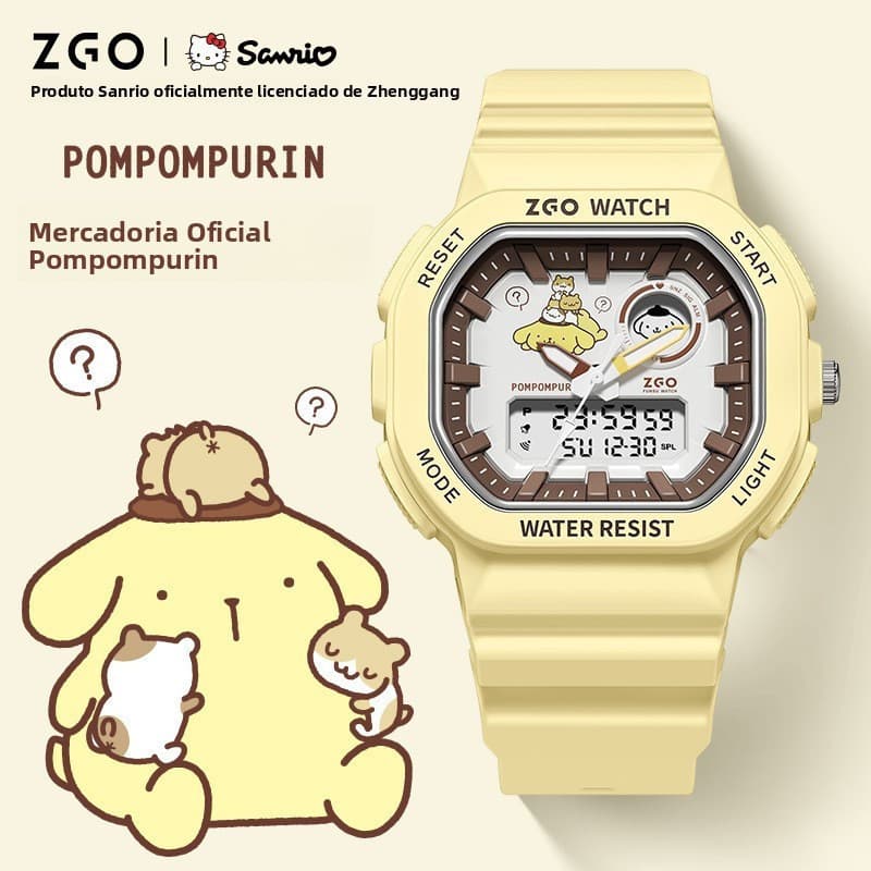 Relógio oficial Sanrio Pudding Dog, adequado para estudantes femininas, relógio eletrônico esportivo multifuncional Lum.