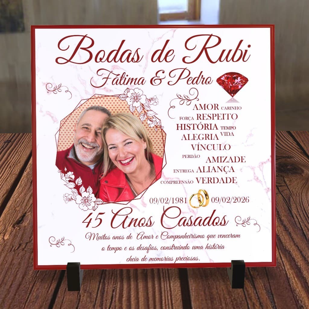 Azulejo Bodas de Rubi, Presente Casal Bodas de Rubi--45 anos casados- com foto