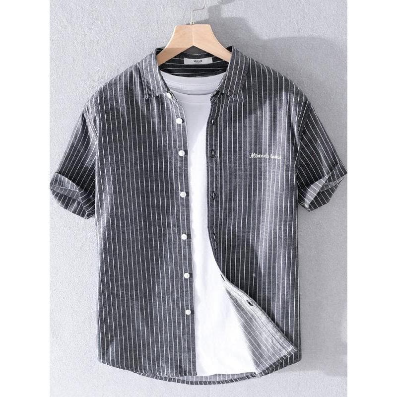 Camisa listrada de manga curta de algodão puro masculino de verão confortável respirável algodão literário juventude cam