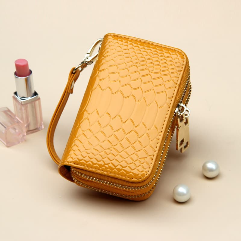 Caso chave com zíper duplo couro genuíno feminino carteira solta coreano bonito saco de moedas curto bolsa de moedas gra