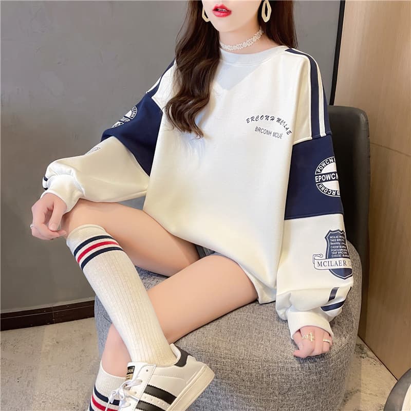 Contraste cor moletom feminino gordura mm feminino solto estudante em torno do pescoço carta manga longa ins na moda fin