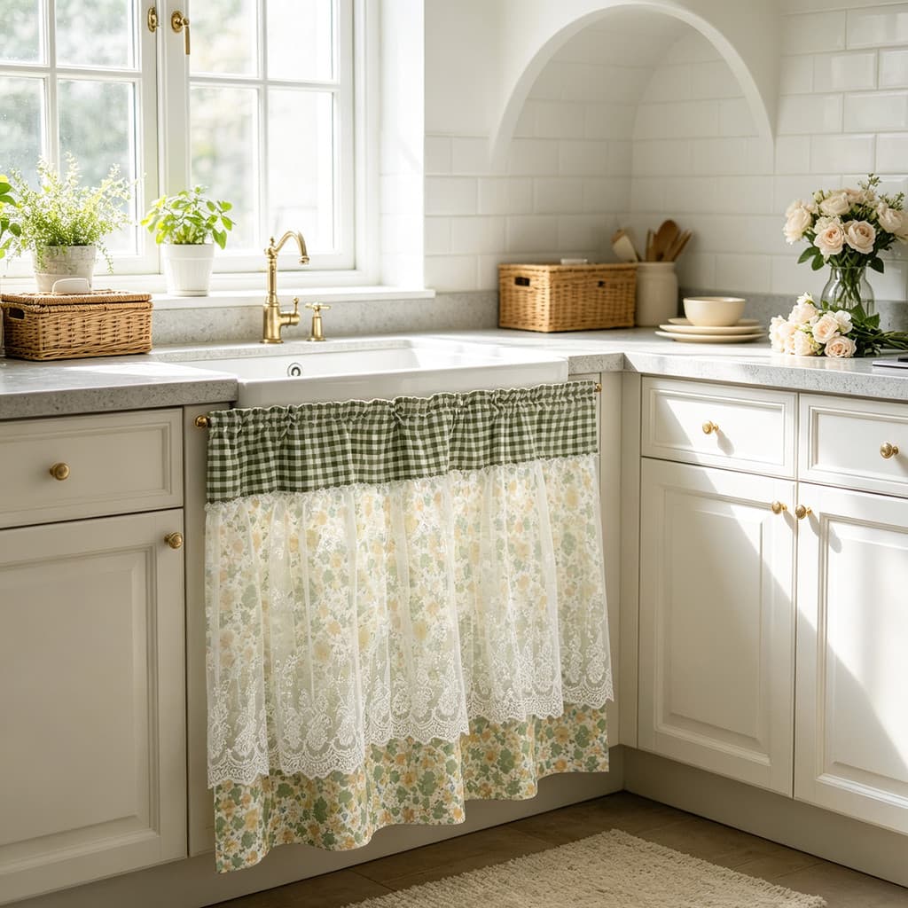 Elegante Saia Transparente Verde Para Cozinha , Camada Dupla , Haste De Cortina Curta , Bolso , Filtragem De Luz Floral