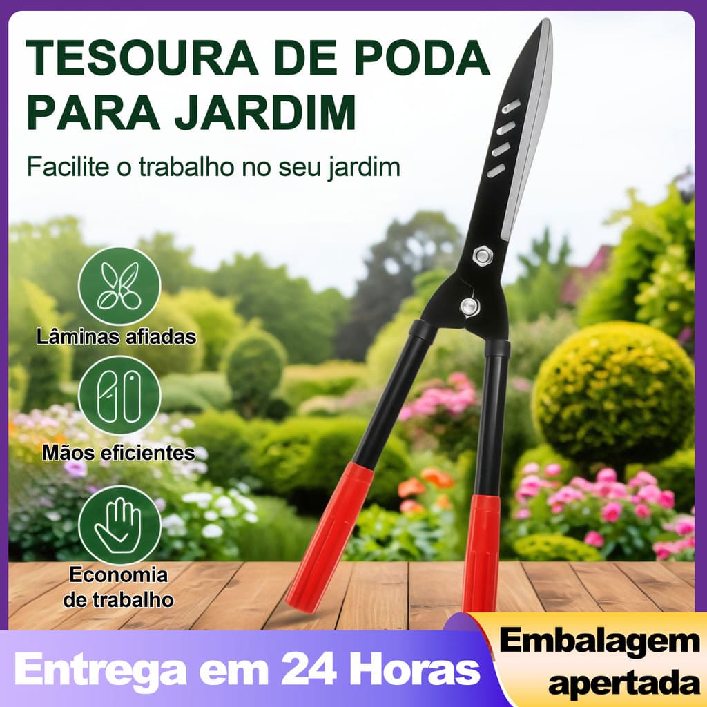 Tesourão Jardim Profissional 53cm Aço Carbono Cabo Madeira Poda Cerca Viva Grama Arbustos