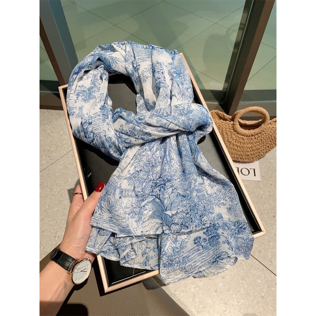Requintado azul branco floresta lenço de seda feminino primavera verão viagem beira-mar protetor solar grande xale outon