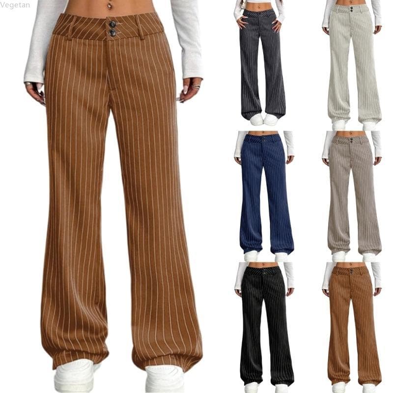 Calça Listrada casual Feminina Veg Cintura E Perna Larga