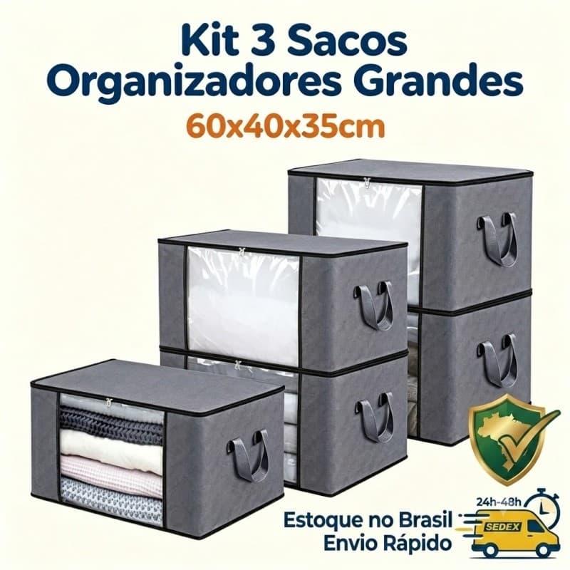 Kit 3 Sacos Grandes Organizadores Armazenamento Resistente Para Cobertor Travesseiro Casacos e Lençóis
