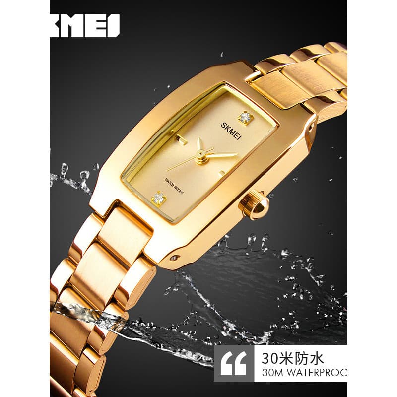 Skmei moda elegante estilo feminino diamante-incrustado inglês relógio senhoras rosa ouro pequeno requintado retangular